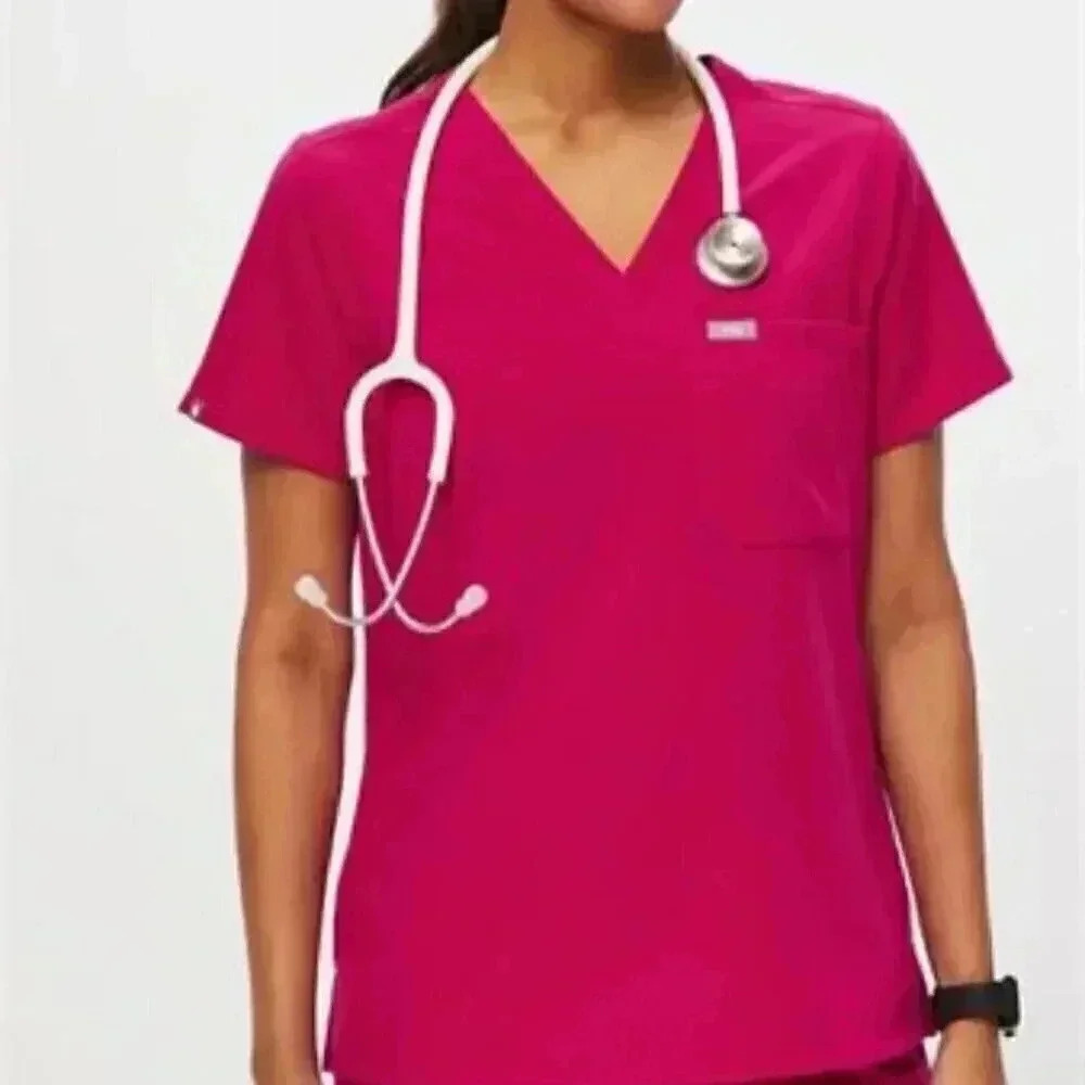 Figs Women's V-Neck Medical Scrub Top in Bright Pink